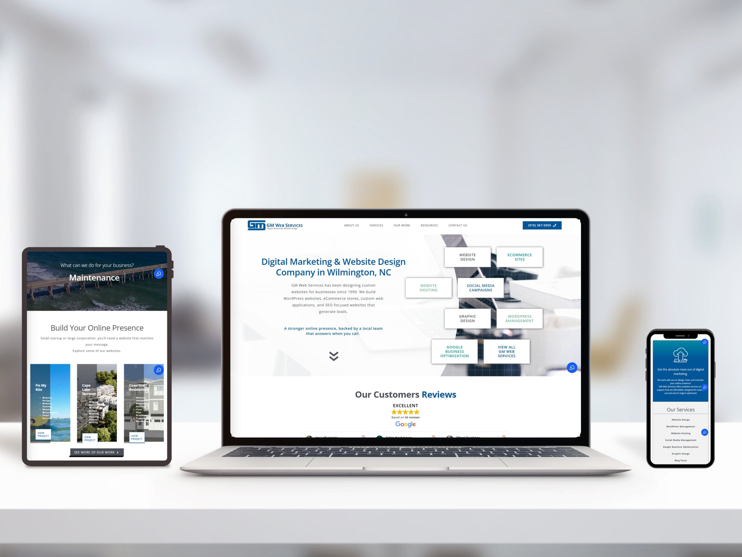 UX across Devices Tablet, laptop, and smartphone displaying responsive website design for a digital marketing company, featuring reviews and service options.