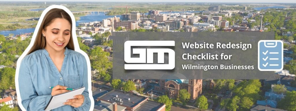 Smiling woman holding clipboard, background of Wilmington cityscape. Text: "Website Redesign Checklist for Wilmington Businesses."