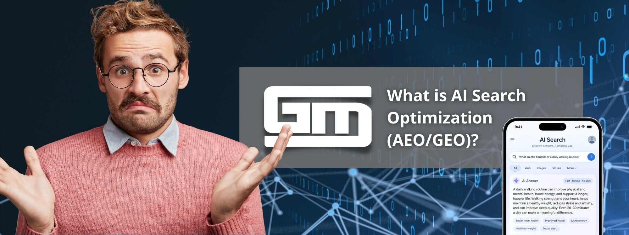 Confused man in glasses beside text asking about AI Search Optimization (AEO/GEO) with smartphone displaying search results. Website design theme evid