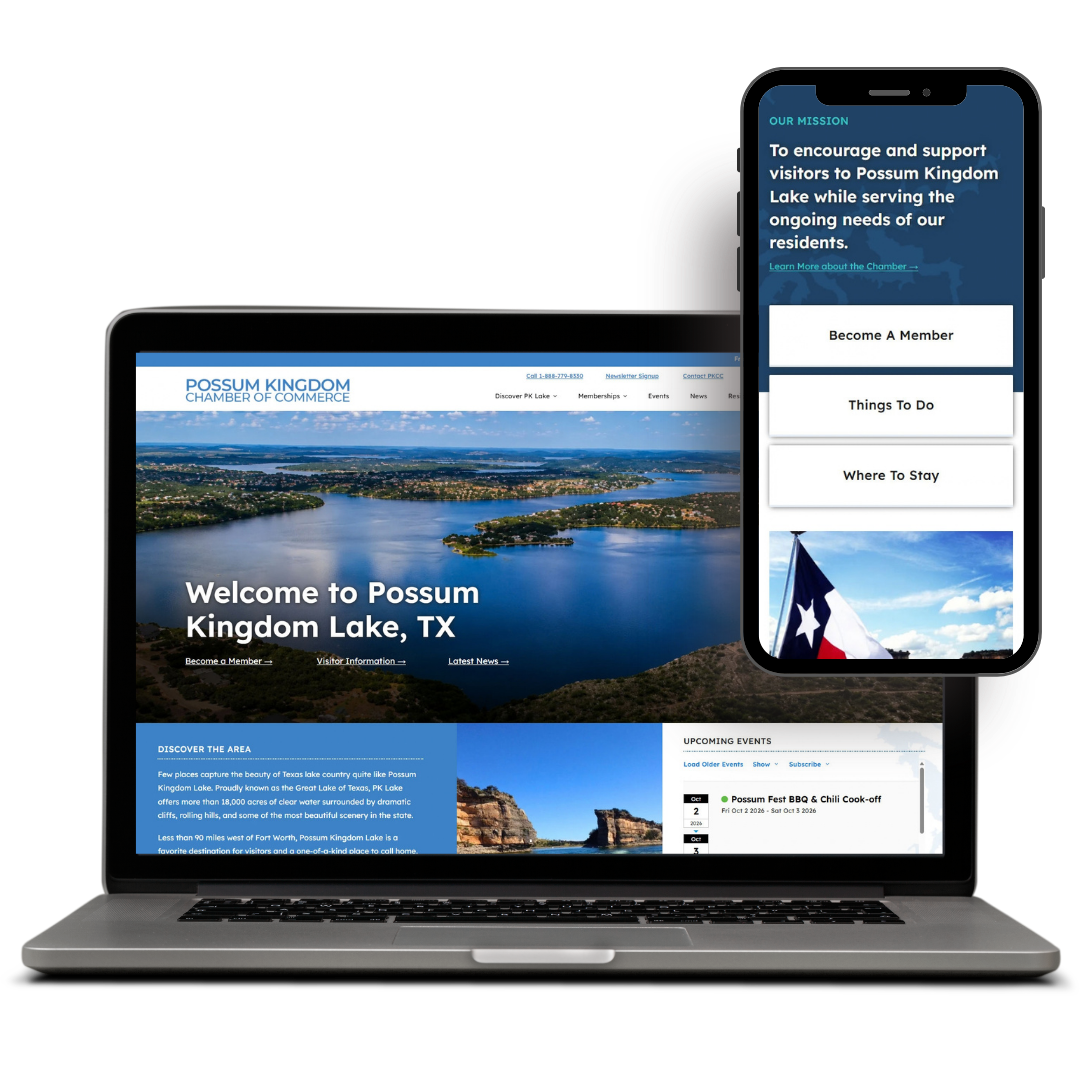 Laptop and smartphone display a responsive website design for Possum Kingdom Chamber of Commerce, showcasing the lake and membership info.
