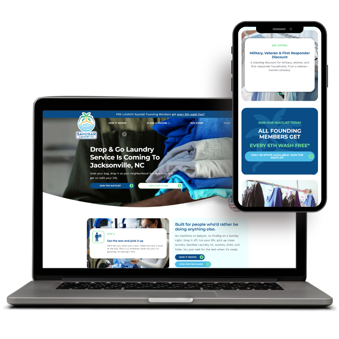 Sandbar Laundry Co mockup Laptop and smartphone displaying a laundry service website design. Promotes "Drop & Go" service in Jacksonville, NC and veteran discounts.