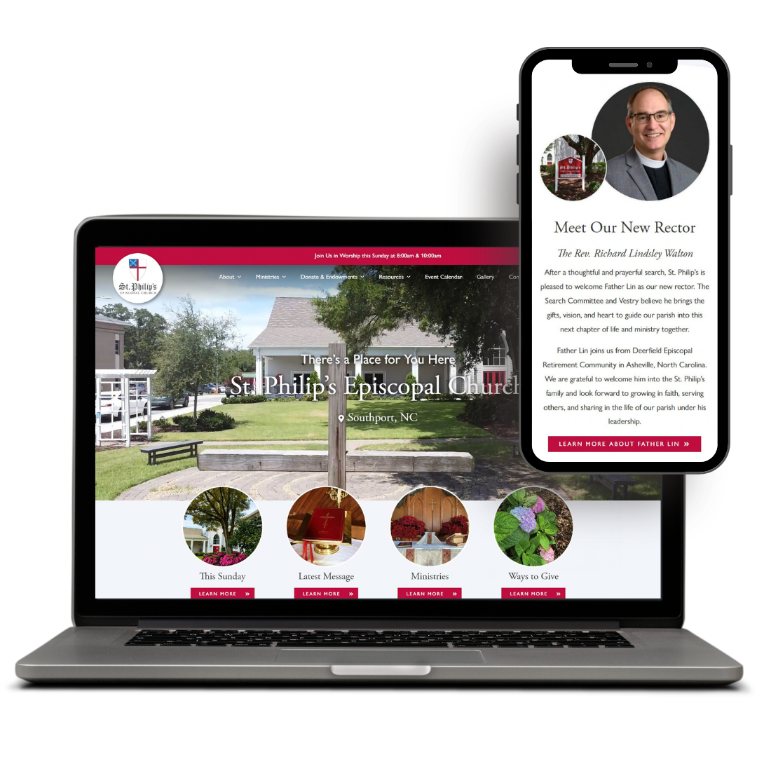 Laptop and smartphone displaying St. Philip's Episcopal Church website design, featuring welcome message and new rector introduction.