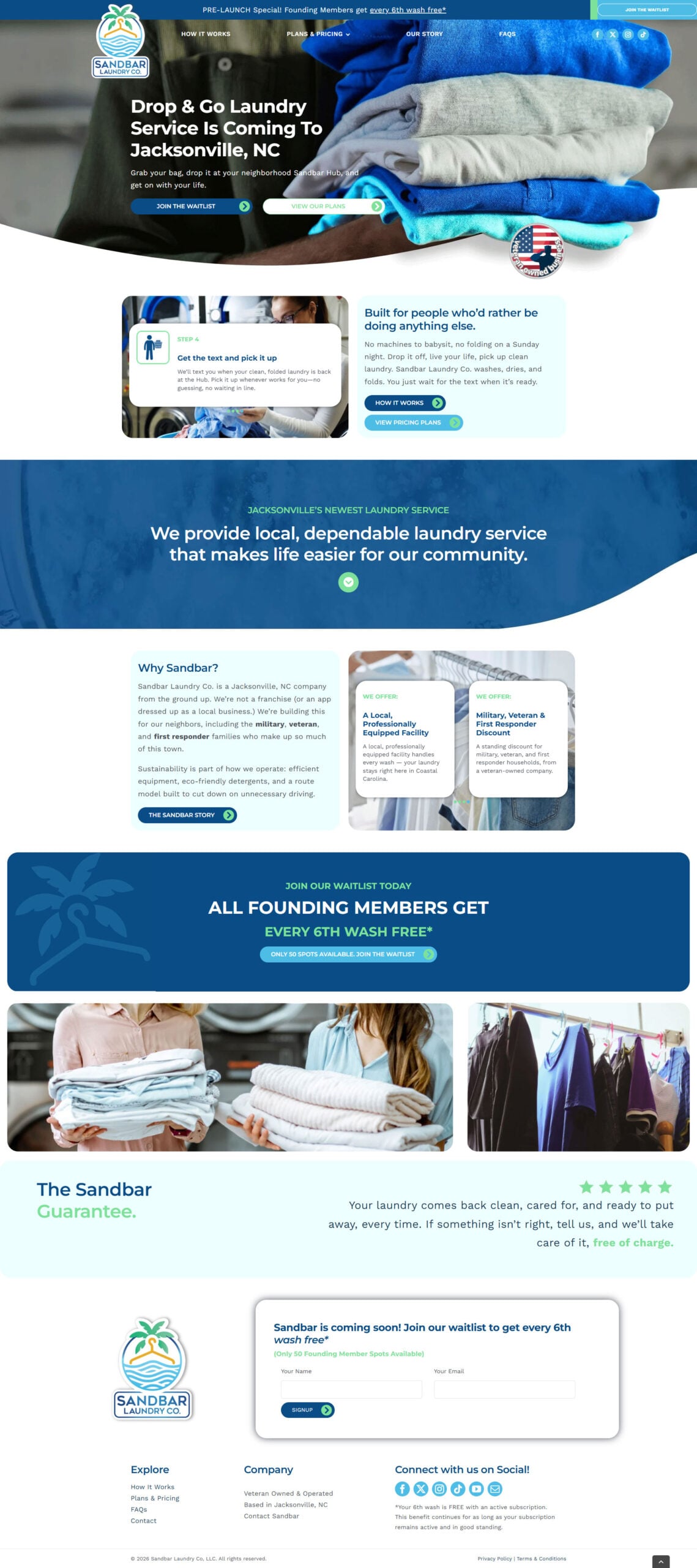 screencapture-sandbarlaundryco-WEB Sandbar Laundry Co. website design showcases laundry services in Jacksonville, NC, with offers for founding members and local community focus.