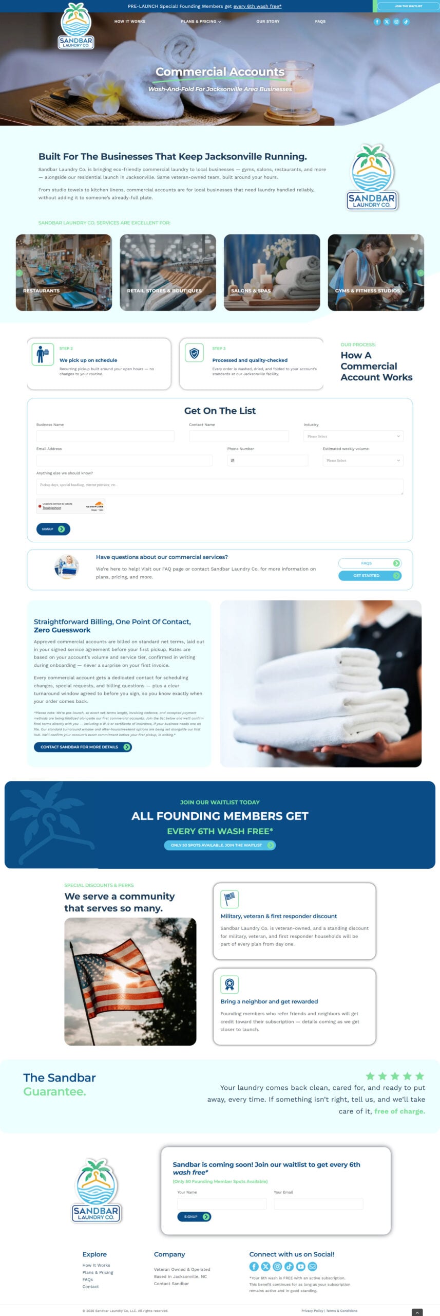 screencapture-sandbarlaundryco-commercial-accounts-WEB Sandbar Laundry Co. website design highlighting commercial accounts, eco-friendly services, special offers, and enrollment form for Jacksonville busin