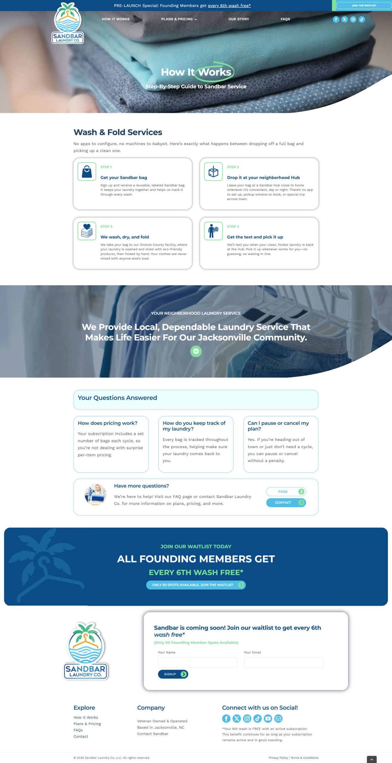 screencapture-sandbarlaundryco-how-it-works-WEB Sandbar Laundry Co. website design features a four-step laundry process and emphasizes convenience with a waitlist option for new services.