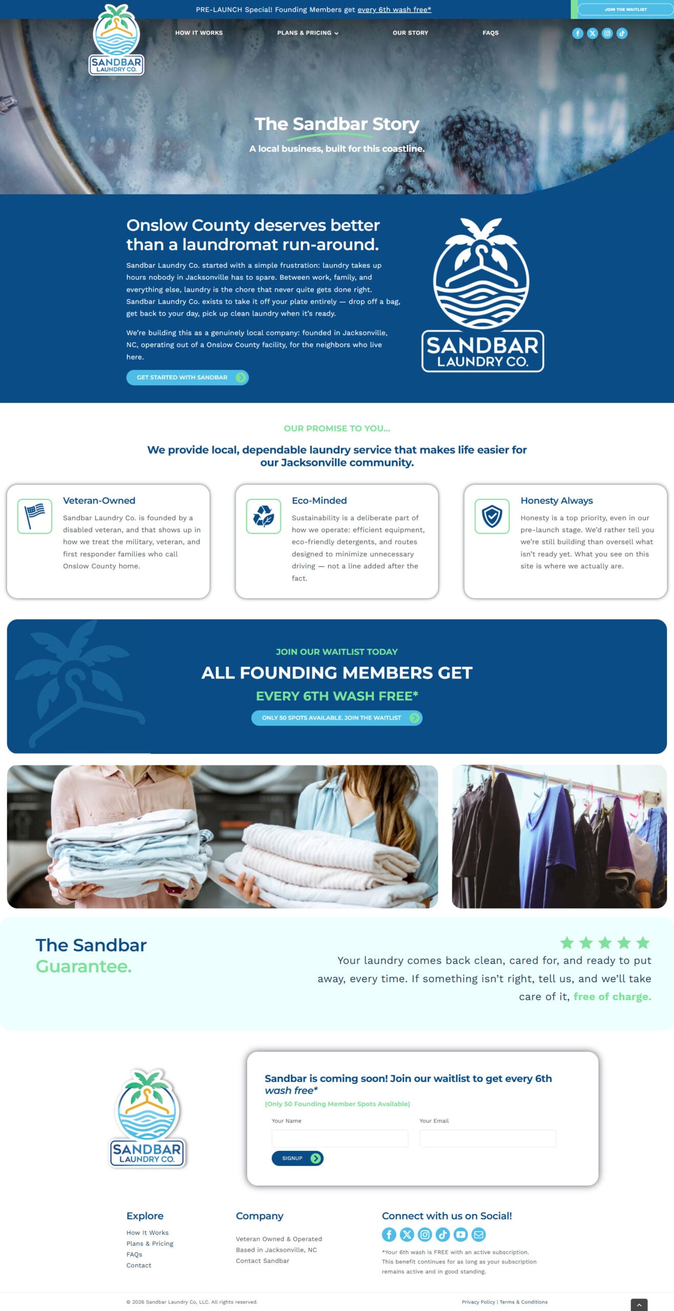 screencapture-sandbarlaundryco-our-story-WEB Sandbar Laundry Co. website design features services, eco-friendly practices, and a signup for a free 6th wash offer.