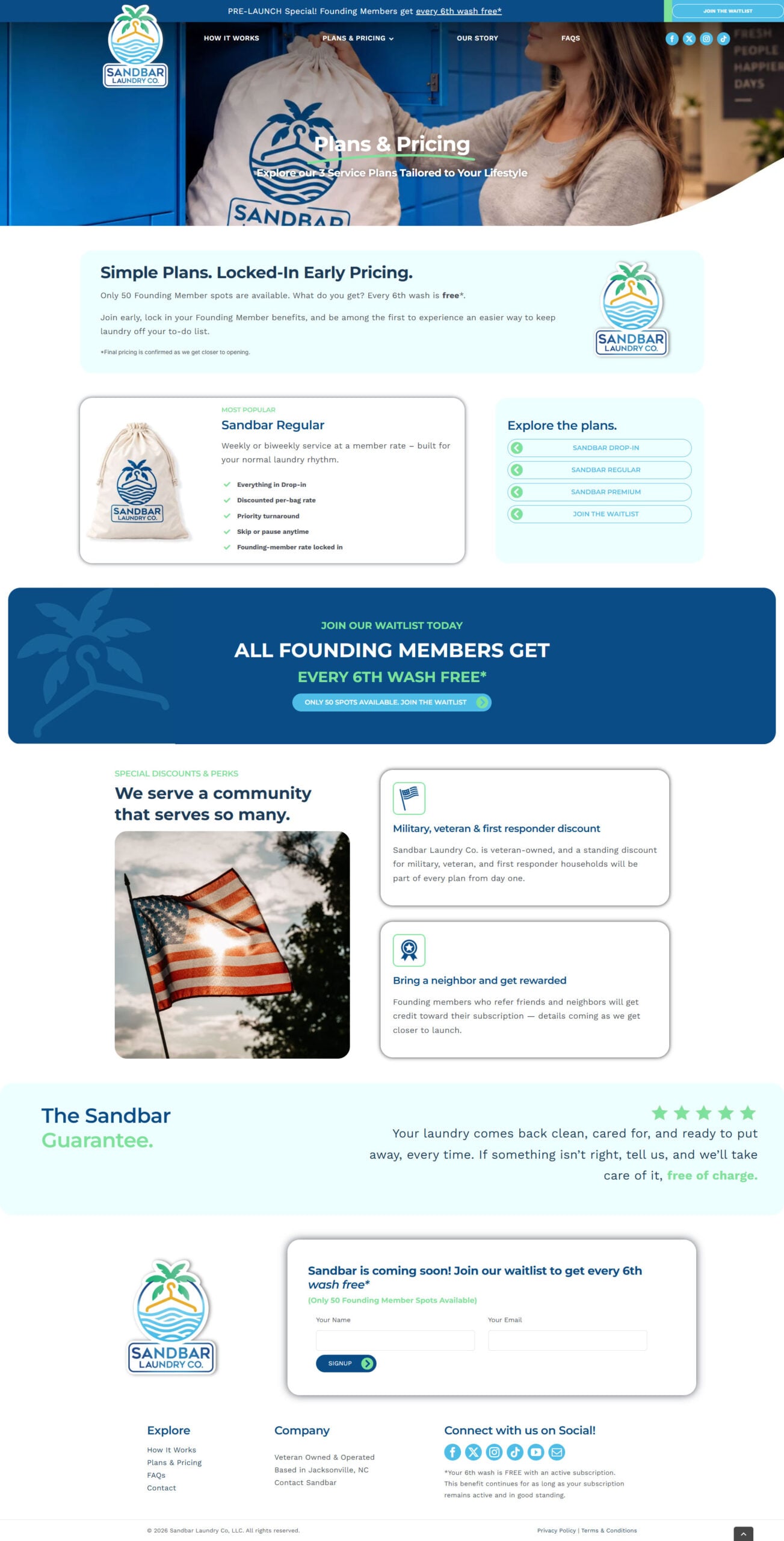 screencapture-sandbarlaundryco-plans-pricing-WEB Sandbar Laundry Co. website design highlighting plans, pricing, and special offers, including a free 6th wash and member discounts.